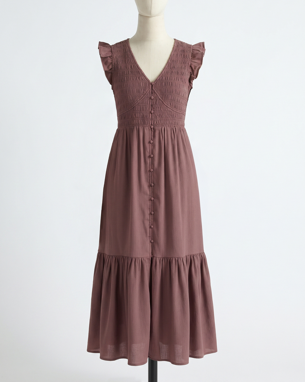 Organic Textured Cotton Smocked V-Neck Midi Dress